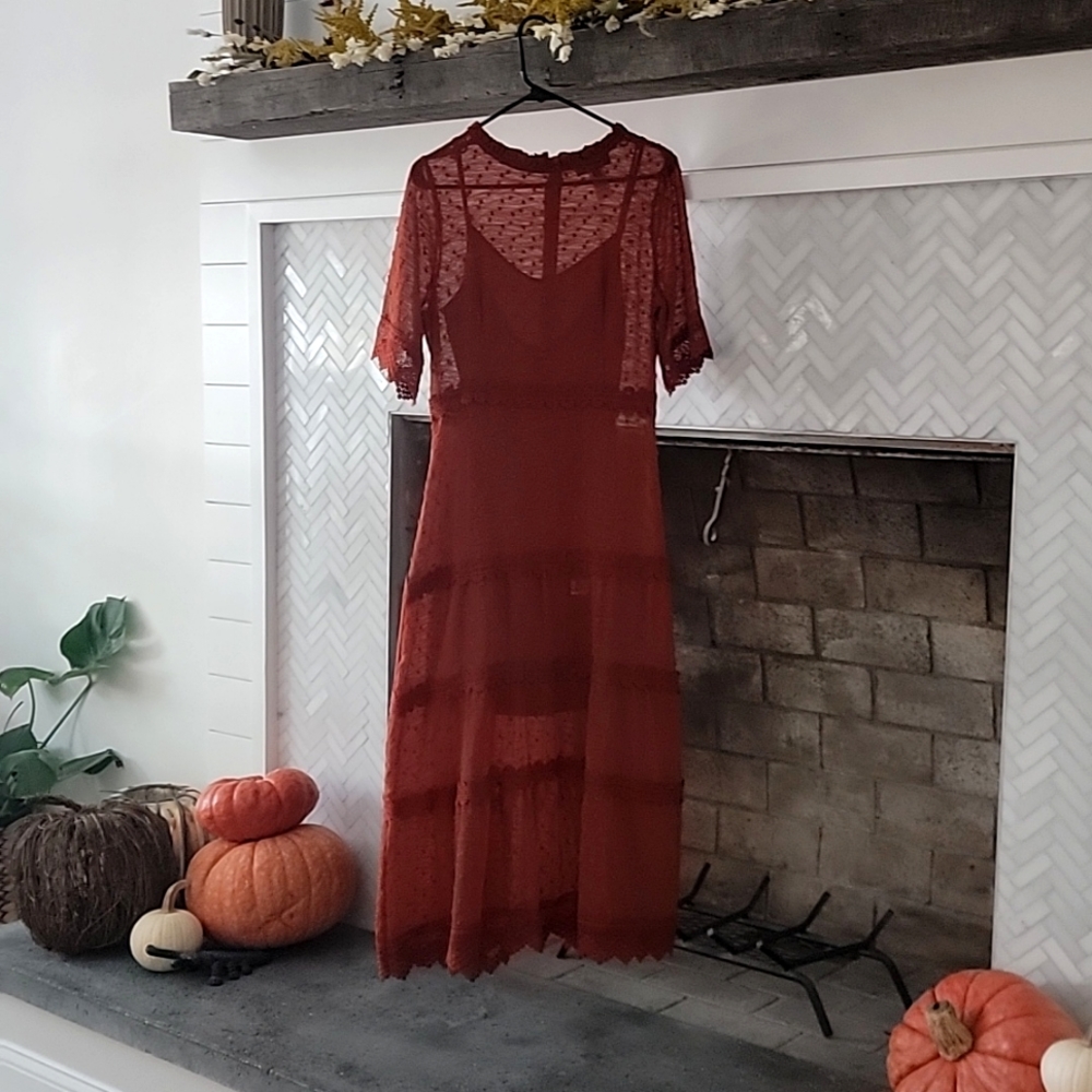 Dreaming of You Rust Orange Swiss Dot Midi Dress - Lulus